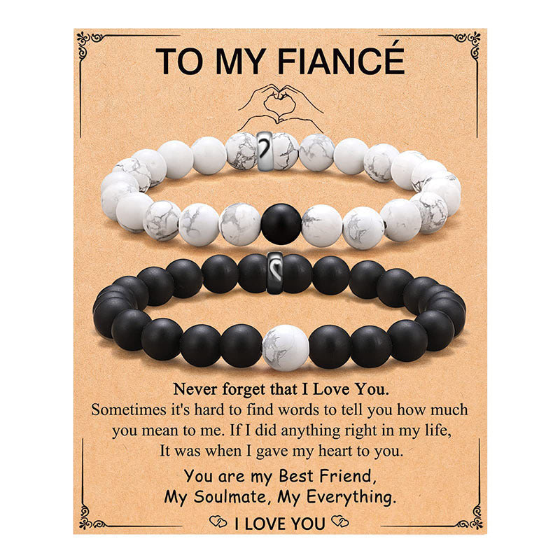 Geometric Black and White Beaded Stainless Steel Bracelet Set for Couples