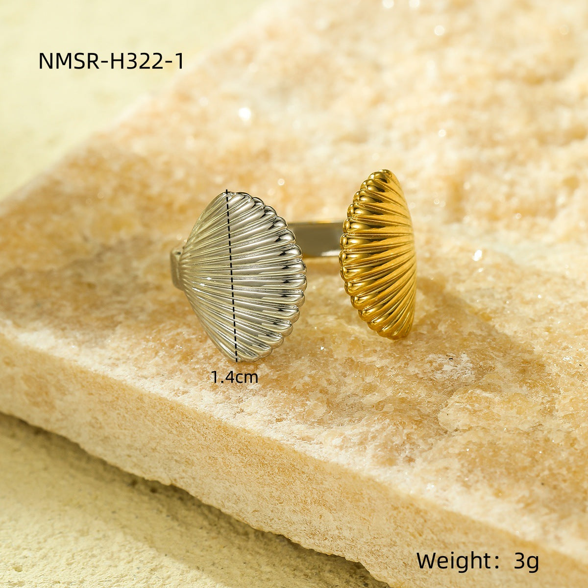 Anillo abierto de acero inoxidable de lujo inspirado en el océano con diseño de concha y estrella de mar para mujer