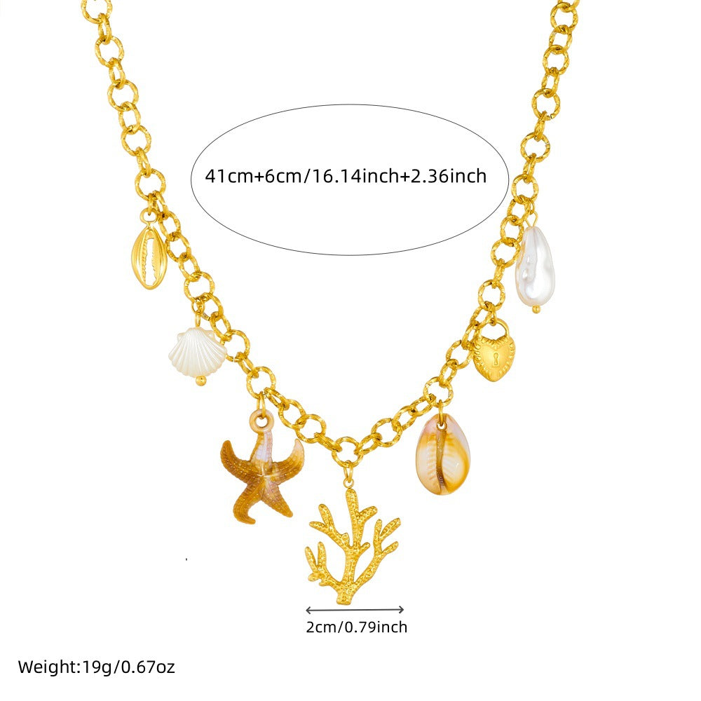 Collana con Pendente Vintage da Donna a Stella Marina e Alghe Ispirata all'Oceano, in Acciaio Inox con Finitura Placcata e Catena a O