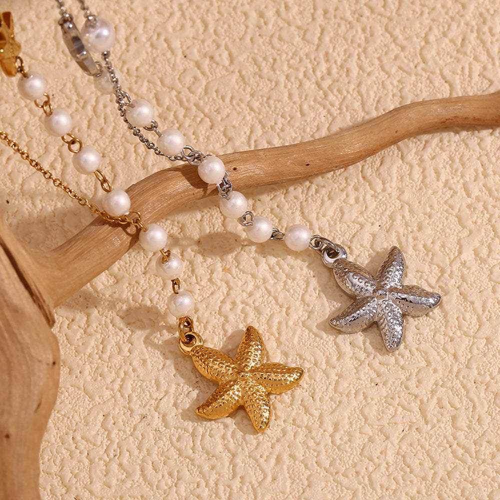 Collana pendente a forma di stella marina asimmetrica vintage con catena in acciaio inossidabile e placcatura in oro 18 carati con dettagli in perle