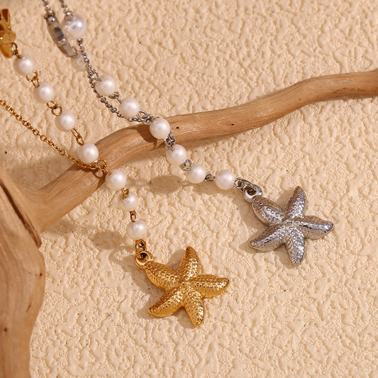 Vintage Asymmetrical Starfish Pendant Necklace with Stainless Steel Chain and 18K Gold Plating Featuring Pearl Accents
