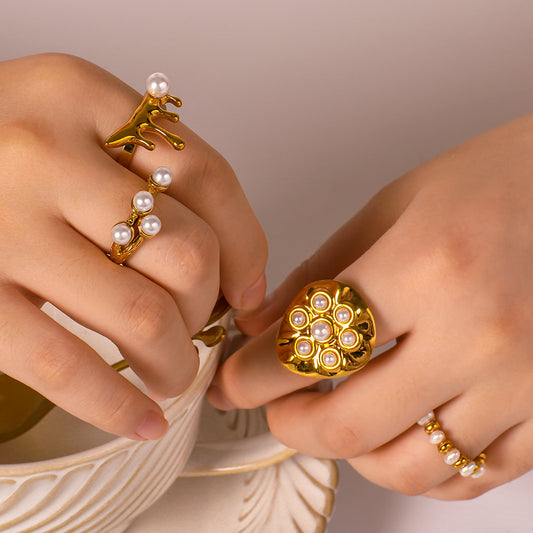 Anello Minimalista Irregolare Rotondo in Acciaio Inossidabile con Intarsio di Perle e Placcatura in Oro 18K per Donna e Uomo