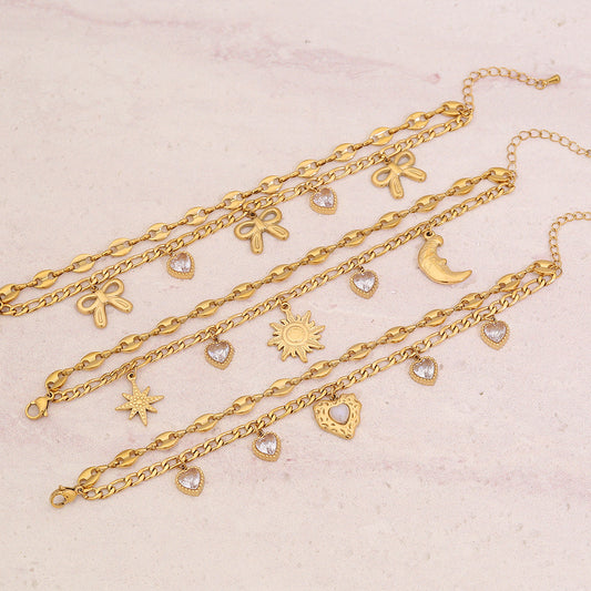 Pulsera de acero inoxidable personalizada de doble capa con lazo, estrellas, luna y corazón, con incrustaciones de diamantes de imitación y diseño de cadena de nariz de cerdo para mujer