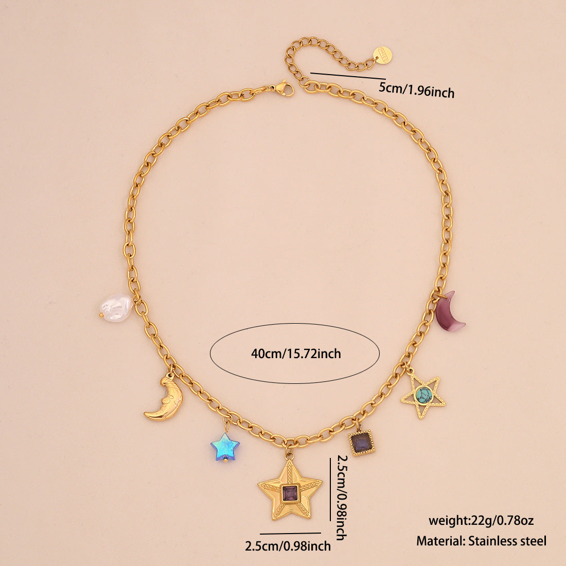 Personalized Star and Moon Colorful Glass Imitation Pearl Stainless Steel Necklace