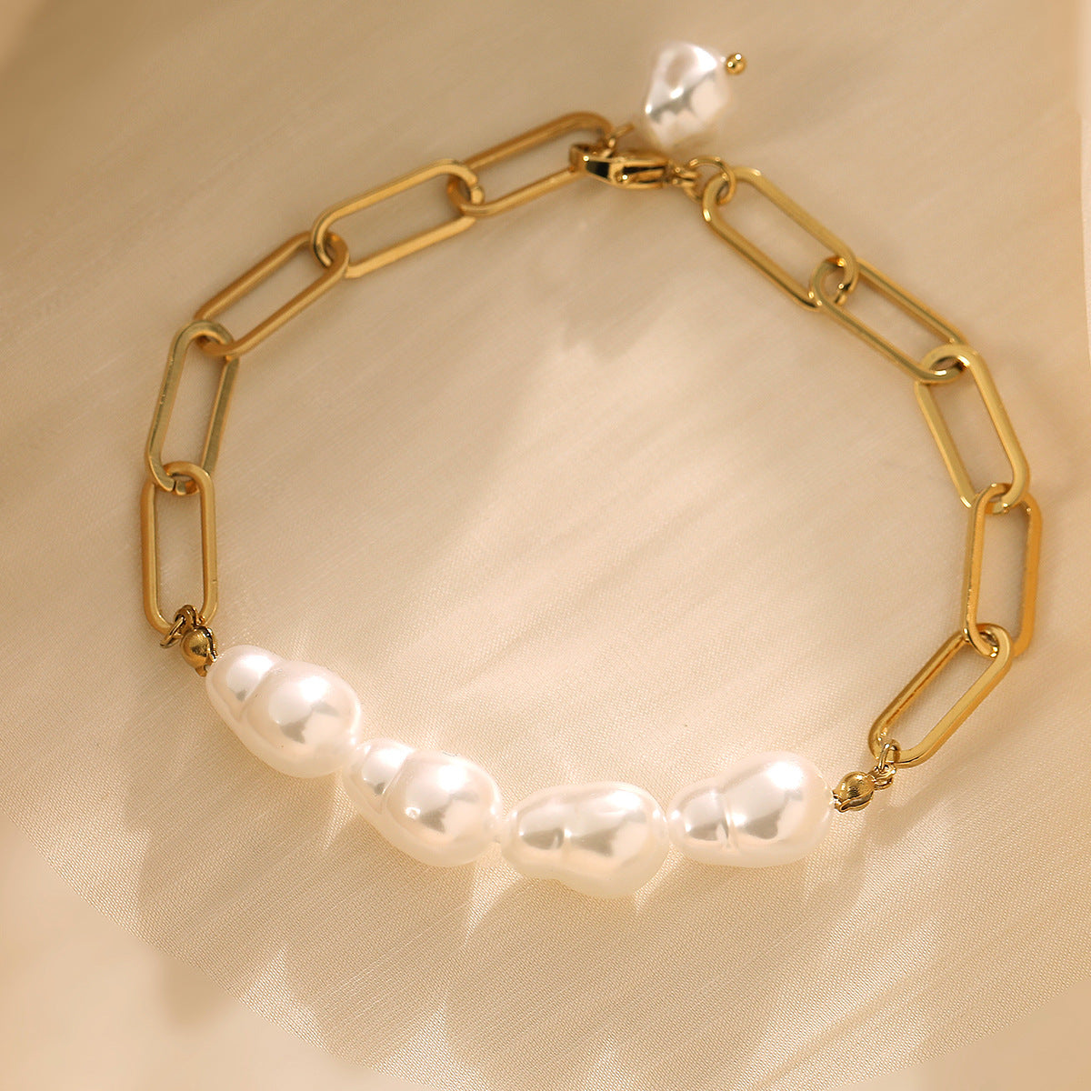 Minimalist Bohemian Geometric Gold Plated Stainless Steel Bracelet with Irregular Pearl for Women