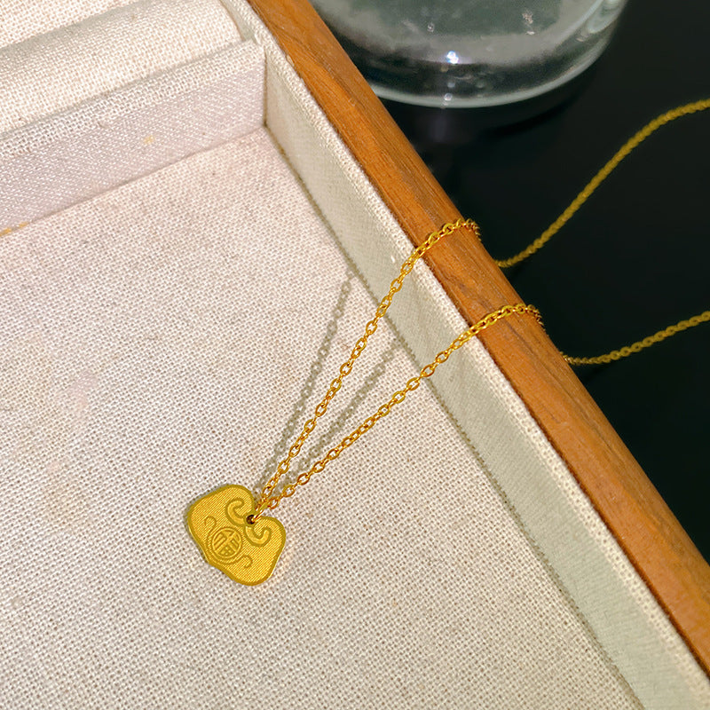 Gold Plated Titanium Steel Geometric Lock Pendant Necklace