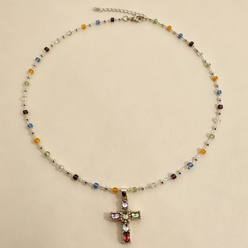 Sweet Colorful Cross Zinc Alloy Plated Necklace with Crystal Cubic Zirconia Inlay for Unisex