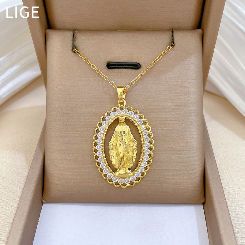 Elegant Hollow Egg-Shaped Portrait Pendant Necklace for Women in Titanium Steel with Full Rhinestone Accents
