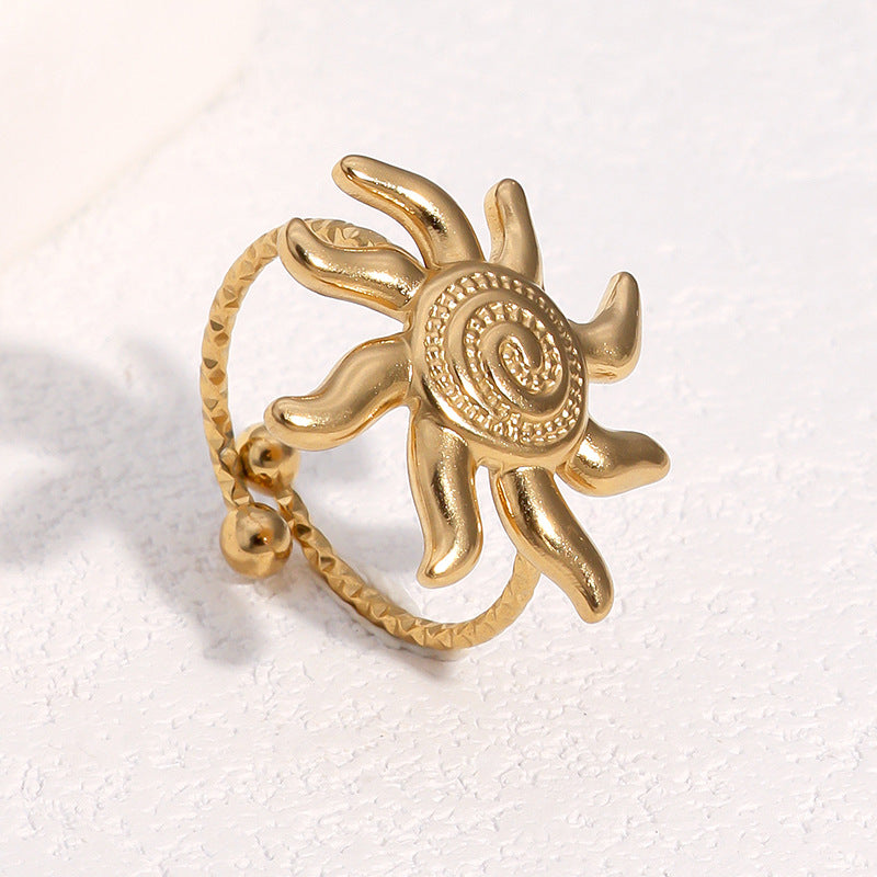 Anello aperto geometrico con sole in acciaio inossidabile placcato oro 18 carati, stile minimalista vintage, da donna