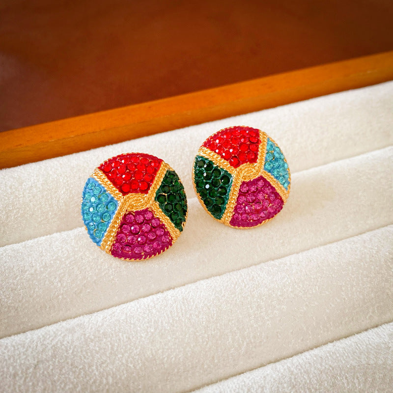 Vintage Floral Geometric Earrings with Rhinestone Inlay and Enamel Finish in Brass with Steel Posts for Women