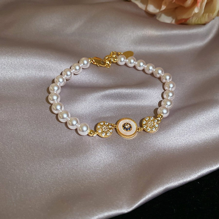 Elegante pulsera geométrica de perlas para mujer con detalles de pedrería, acabado chapado, estilo minimalista para oficina, joyería de lujo para uso diario