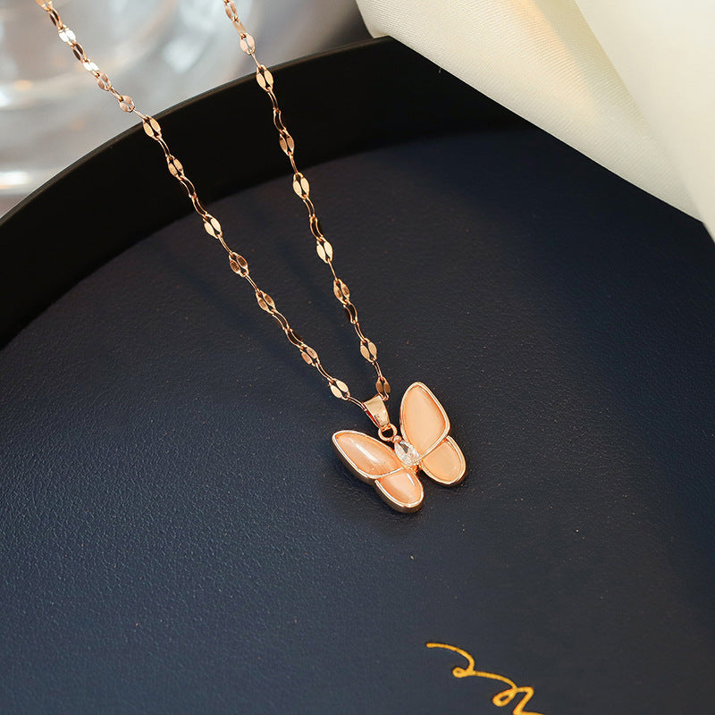 Minimalist Butterfly Pendant Necklace for Women in Titanium Steel with Mother-of-Pearl Inlay and Wavy Chain