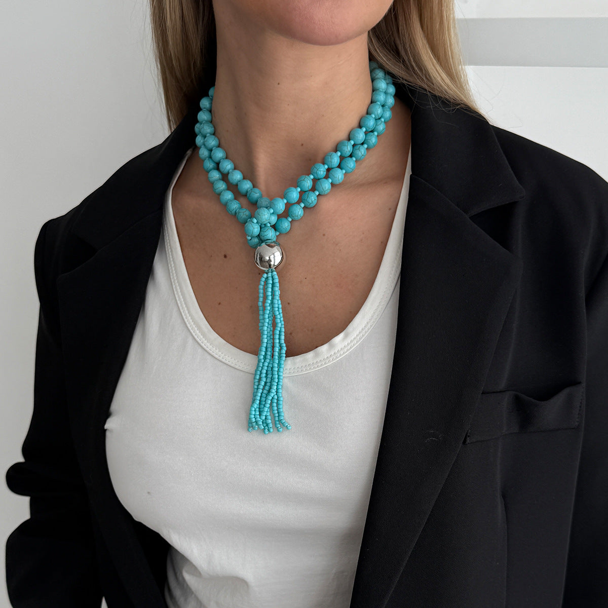 Luxury Elegant Geometric Round Acrylic Beaded Tassel Layered Necklace for Women