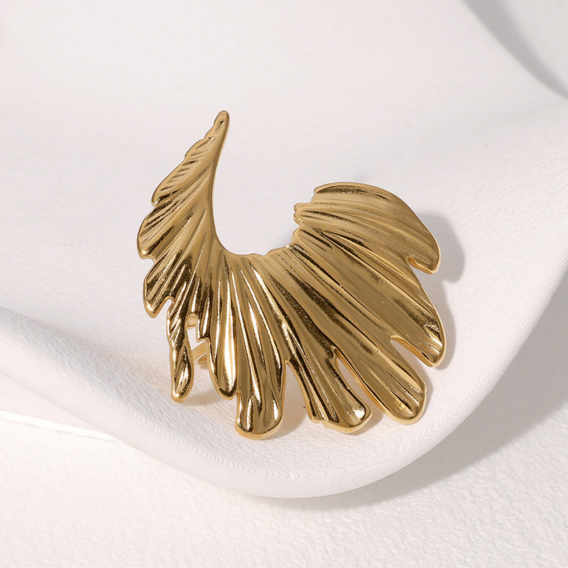 Minimalist Wing-Shaped Stainless Steel Open Ring for Women with 18K Gold Plating