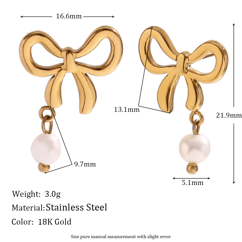 Minimalist Fashion Stainless Steel Plated 18K Gold Freshwater Pearl Necklace with Mini Heart and Bow Pendant