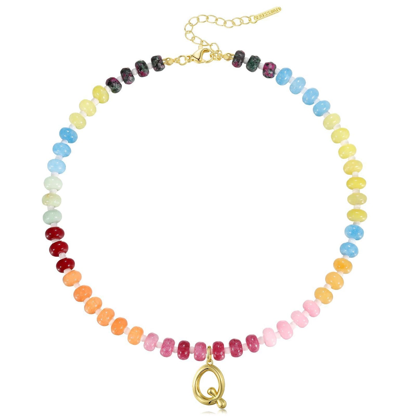 Colorful Abacus Bead Choker Necklace with 26 Bubble Letter Brass Pendants Serpentine Chain Unisex Stone Jewelry