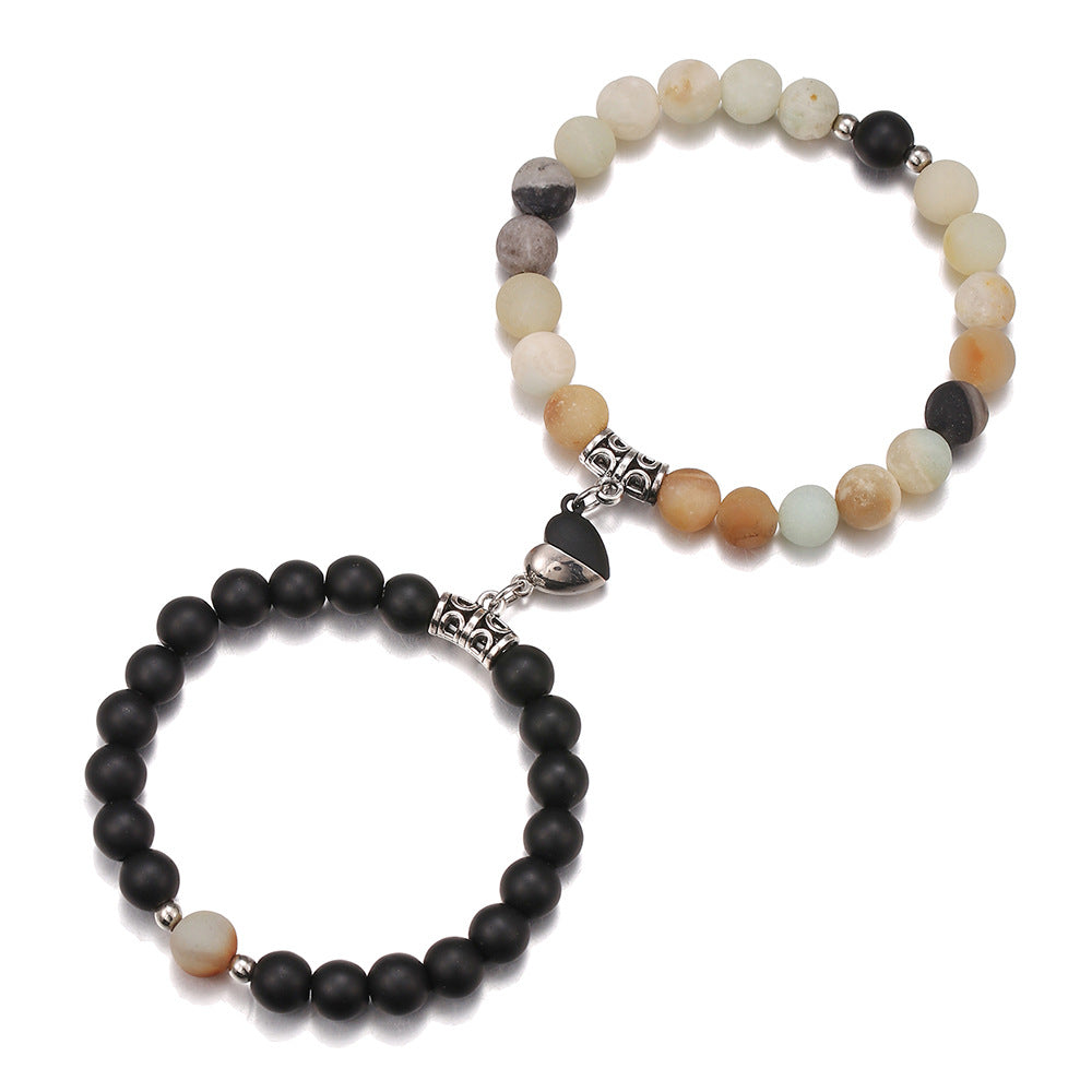 Geometric Round Heart Alloy Stone Magnetic Couple Bracelet