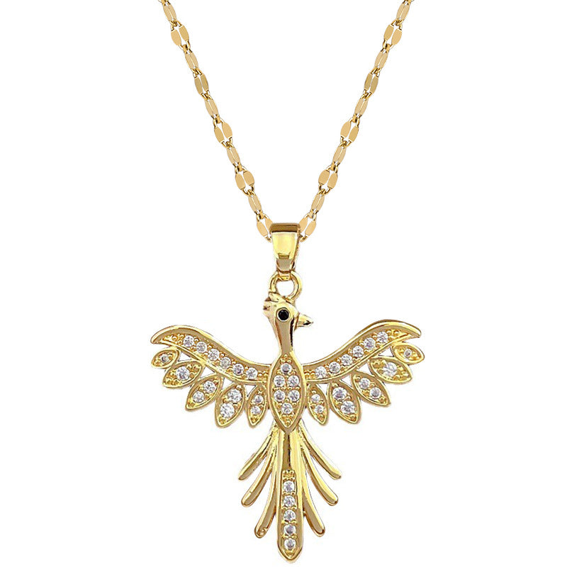 Collana da donna con ciondolo a fenice di lusso con strass, catena in acciaio al titanio, elegante collana clavicola dal design geometrico