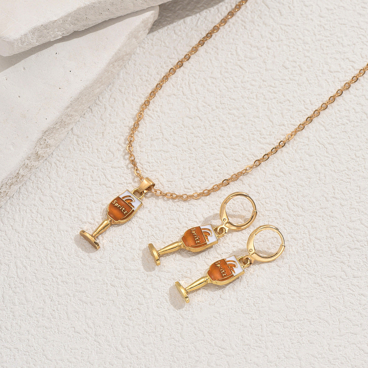Minimalist Wine Glass Pendant Necklace and Earrings Set in Alloy with Enamel Finish for Women