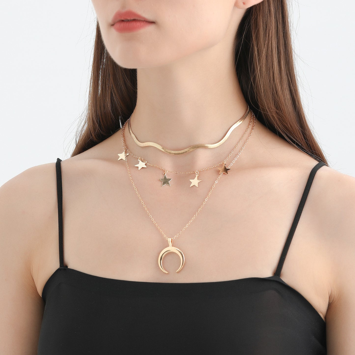 Punk Style Star and Crescent Moon Pendant Necklace with Tassels for Women Alloy Plated Clavicle Chain