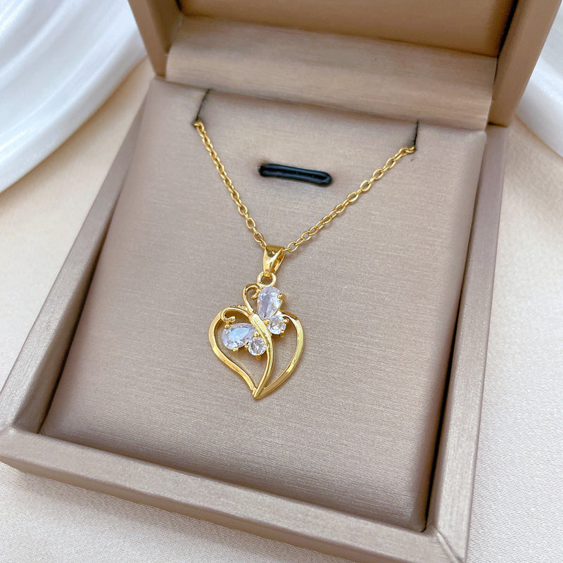 Collar Minimalista de Acero de Titanio con Forma de Corazón y Mariposa con Incrustaciones de Circonita Cúbica para Mujeres y Hombres, Delicada Cadena para Clavícula