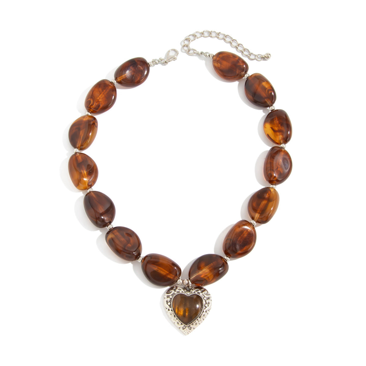 Vintage Amber Heart Resin Pendant Necklace for Women