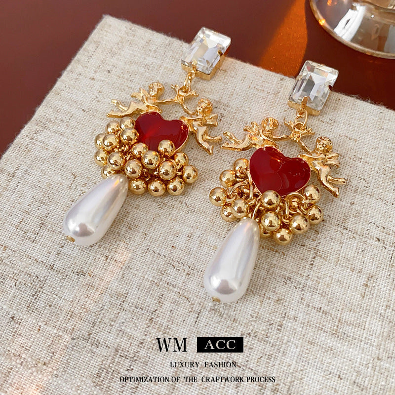 Vintage Heart-Shaped Enamel Alloy Stud Earrings with Tassel Accents for Women