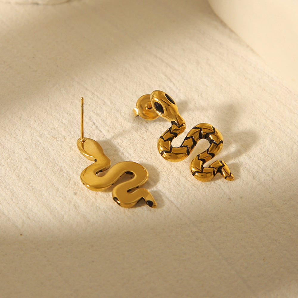 Fashionable Geometric Snake Stud Earrings 18K Gold Plated Stainless Steel for Women