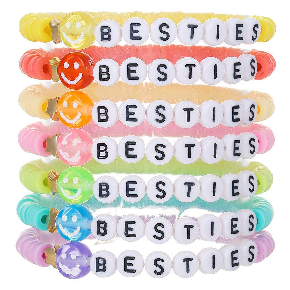 Casual Handmade Polymer Clay and Brass Beaded Bracelet with Letter and Smiley Charms