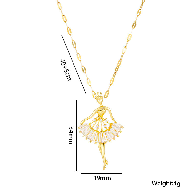 Fashion Ballet Girl Pendant Necklace in Titanium Steel with Micro-Pavé Zirconia, Geometric Shape, Water Wave Chain, Hypoallergenic Plated Finish for Women