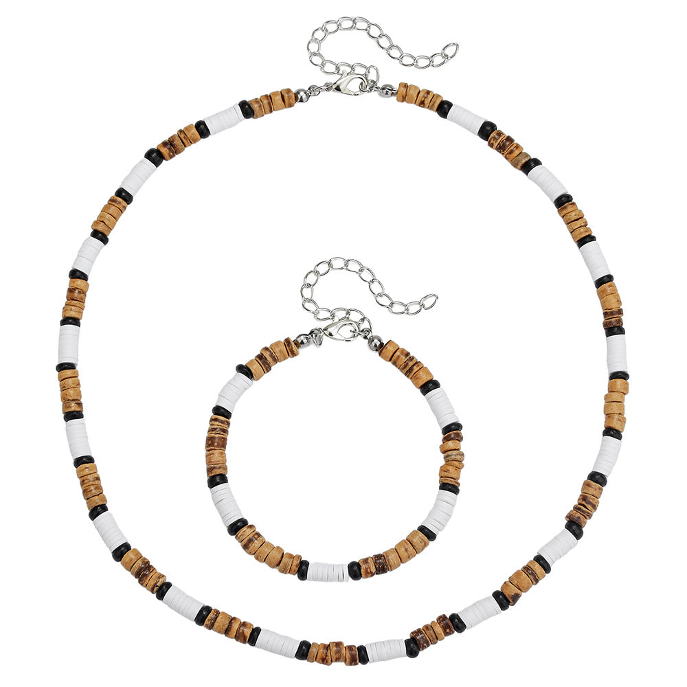 Hip-hop Geometric Round Wood Resin Bracelet Necklace Set with Cable Chain for Unisex