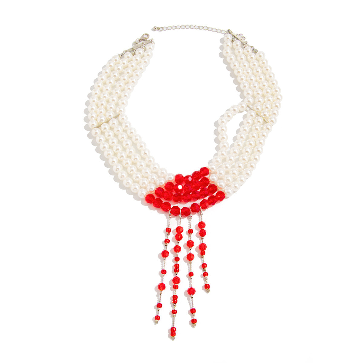 Sweet Gothic Geometric Crystal Faux Pearl Teardrop Tassel Necklace for Women