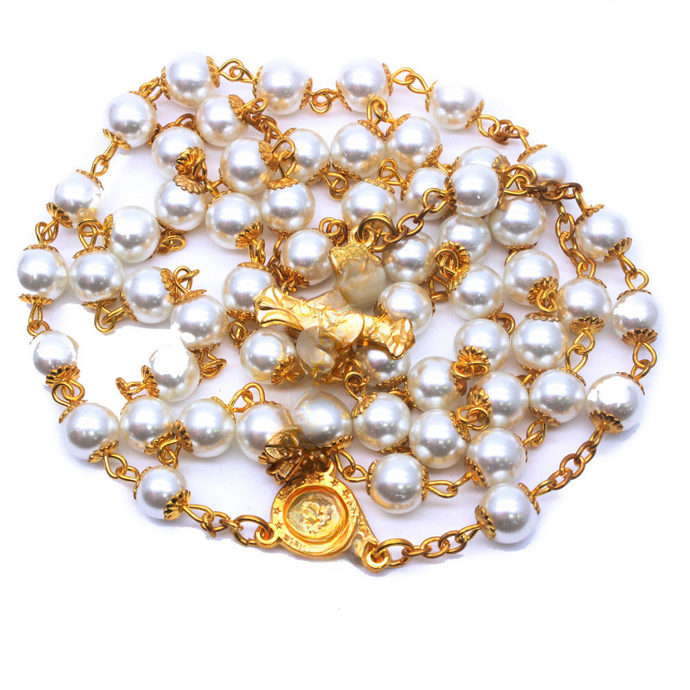 Vintage Cross Pendant Alloy Ball Chain Necklace with Imitation Pearl Beads Unisex Jewelry