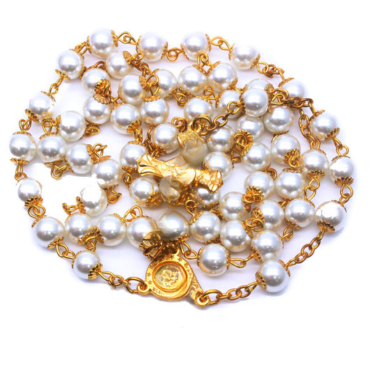 Vintage Cross Pendant Alloy Ball Chain Necklace with Imitation Pearl Beads Unisex Jewelry