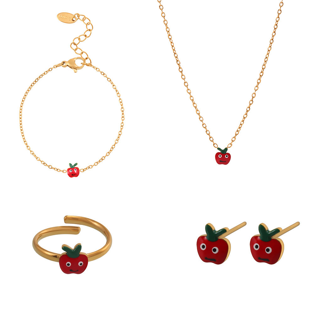 Conjunto de collar, pulsera, pendientes y anillo abierto con colgante en forma de manzana roja adorable para niñas, de acero inoxidable con acabado esmaltado