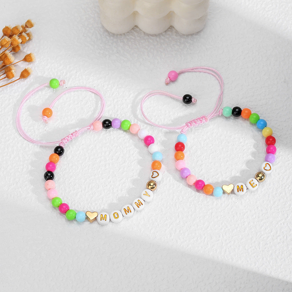 Candy Color Drip Oil Acrylic Heart and Letter Beaded Bracelet for Mother and Daughter