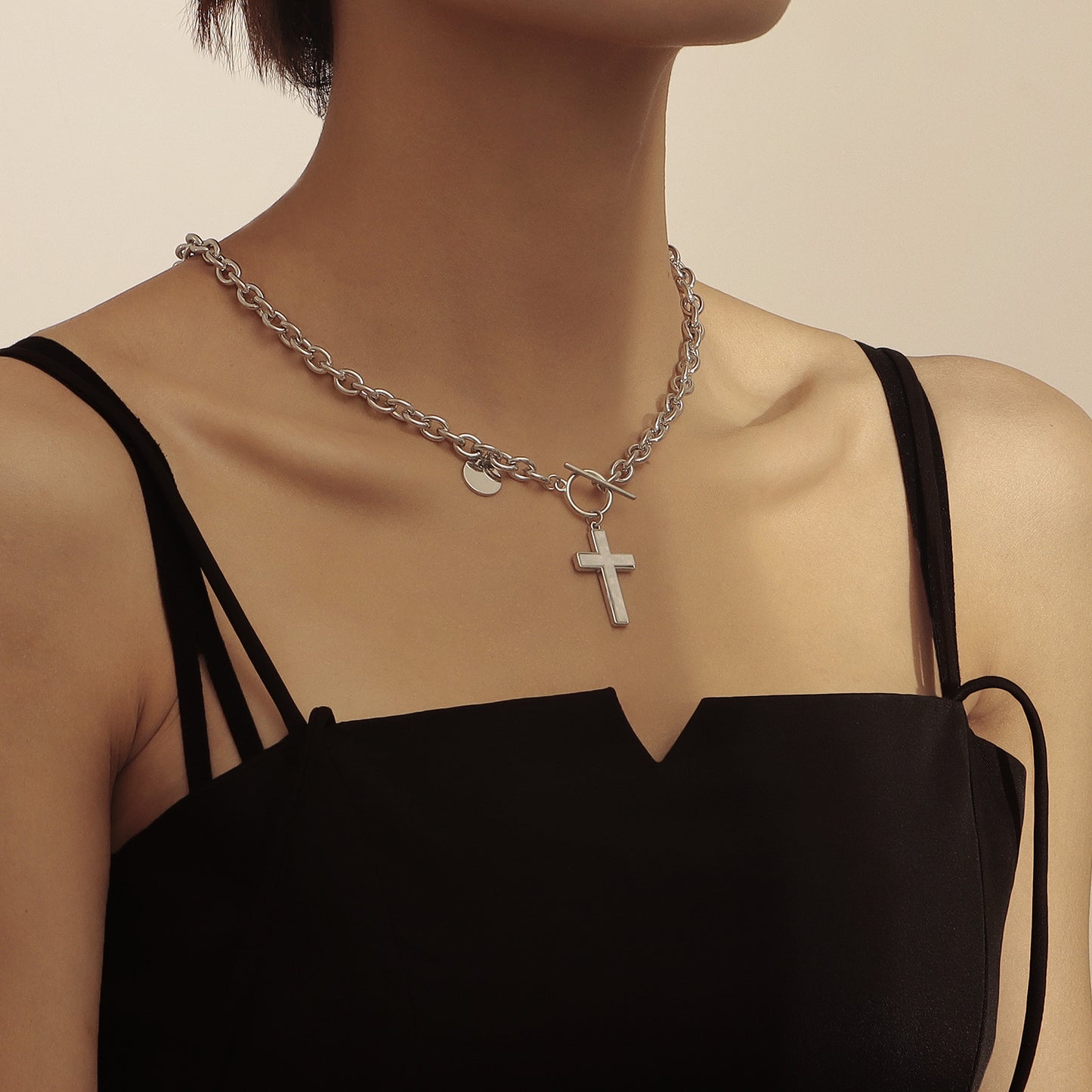 Punk Style Cross Pendant Necklace for Women with Alloy Chain and Mother-of-Pearl Inlay, Geometric Design, Plated Finish, Adjustable Length