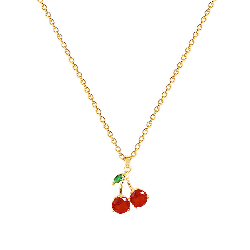 Collar colgante de cereza de dibujos animados para mujer, cadena de acero inoxidable con incrustaciones de diamantes de imitación y estilo fresco y dulce