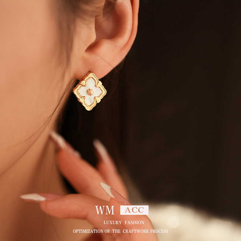 Chic Minimalist Rhombus Floral Geometric Mother-of-Pearl Earrings with Gold Plated Copper Base and Stainless Steel Posts for Women
