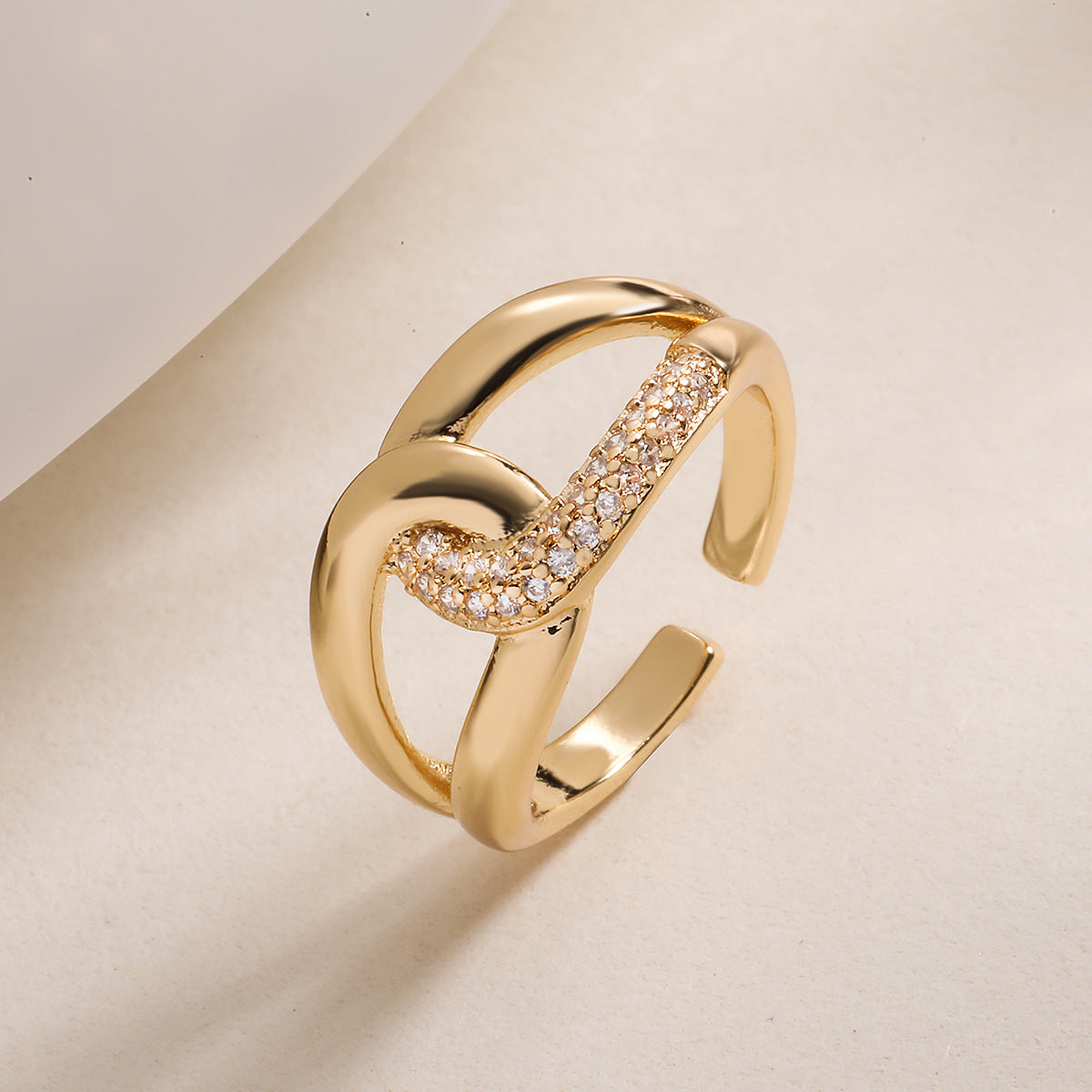 Minimalist Geometric Open Ring for Women in Brass with 18K Gold Plating and Zircon Inlay