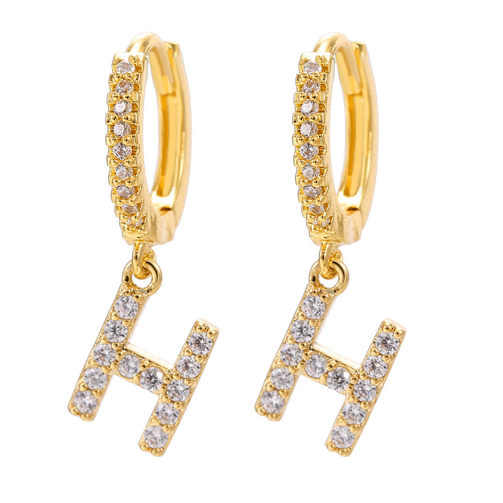 Elegant Gold Plated Letter Cubic Zirconia Inlay Brass Earrings