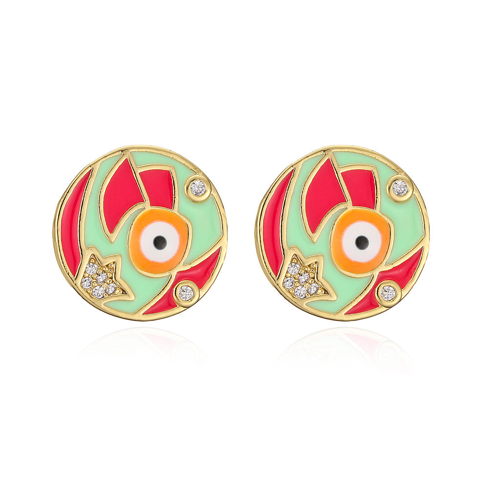Minimalist Round Geometric Copper Earrings with Gold Plating and Enamel Finish for Women