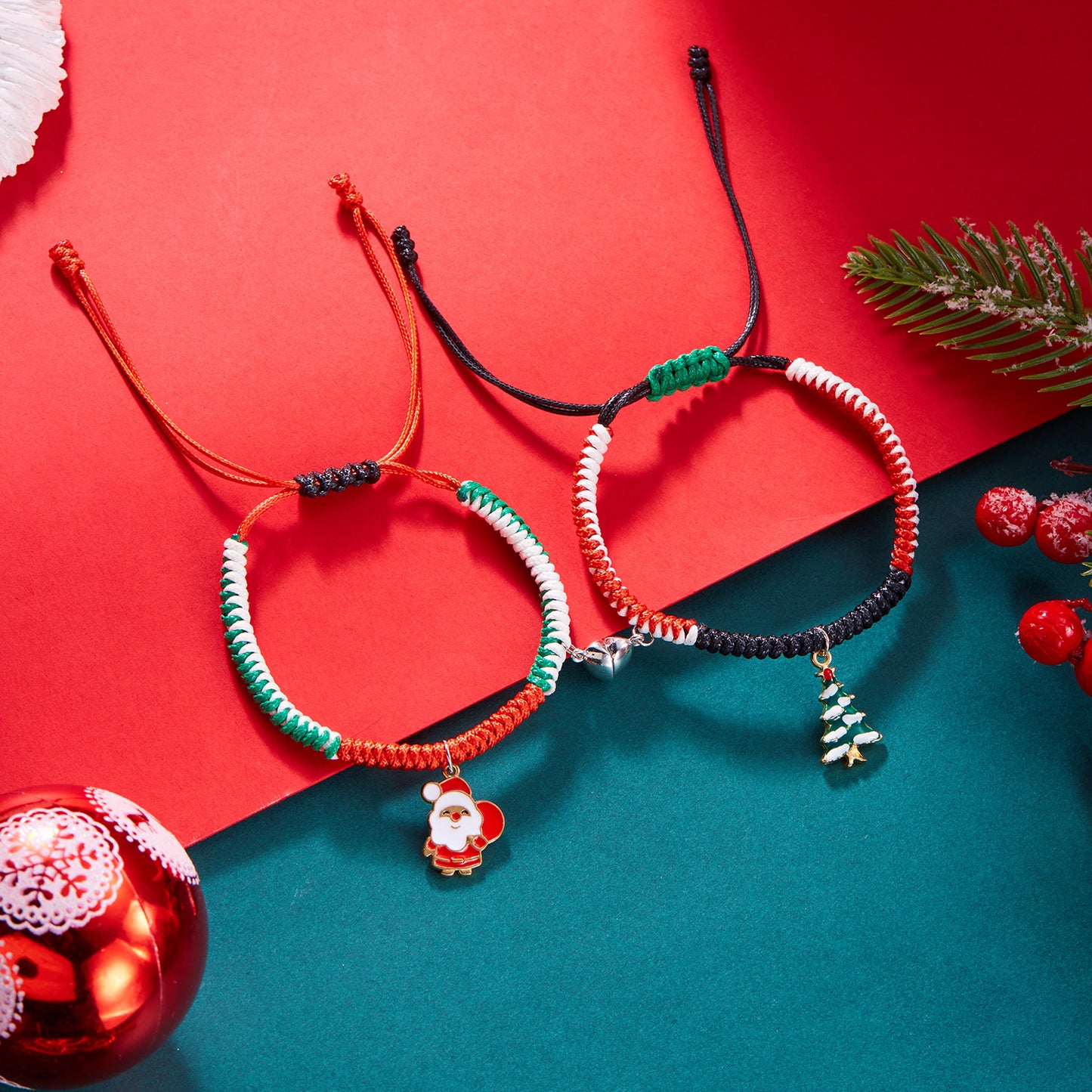 Pulsera trenzada navideña para mujer con colgantes de Papá Noel y árbol de Navidad en aleación, joya festiva para las fiestas