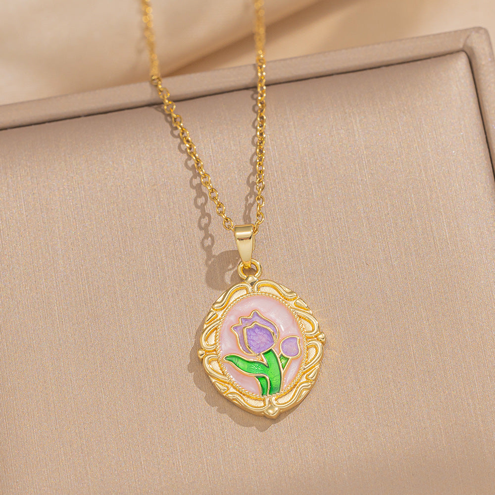 Baroque Style Leaf-Shaped Titanium Steel Necklace with Tulip Floral Motif, Vacuum-Plated for Hypoallergenic Wear, O-Chain Design