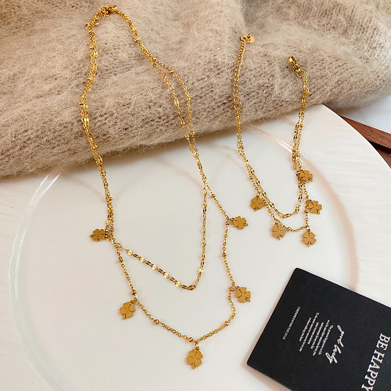 Gold Plated Titanium Steel Four-Leaf Clover Lip Chain Bracelet Set