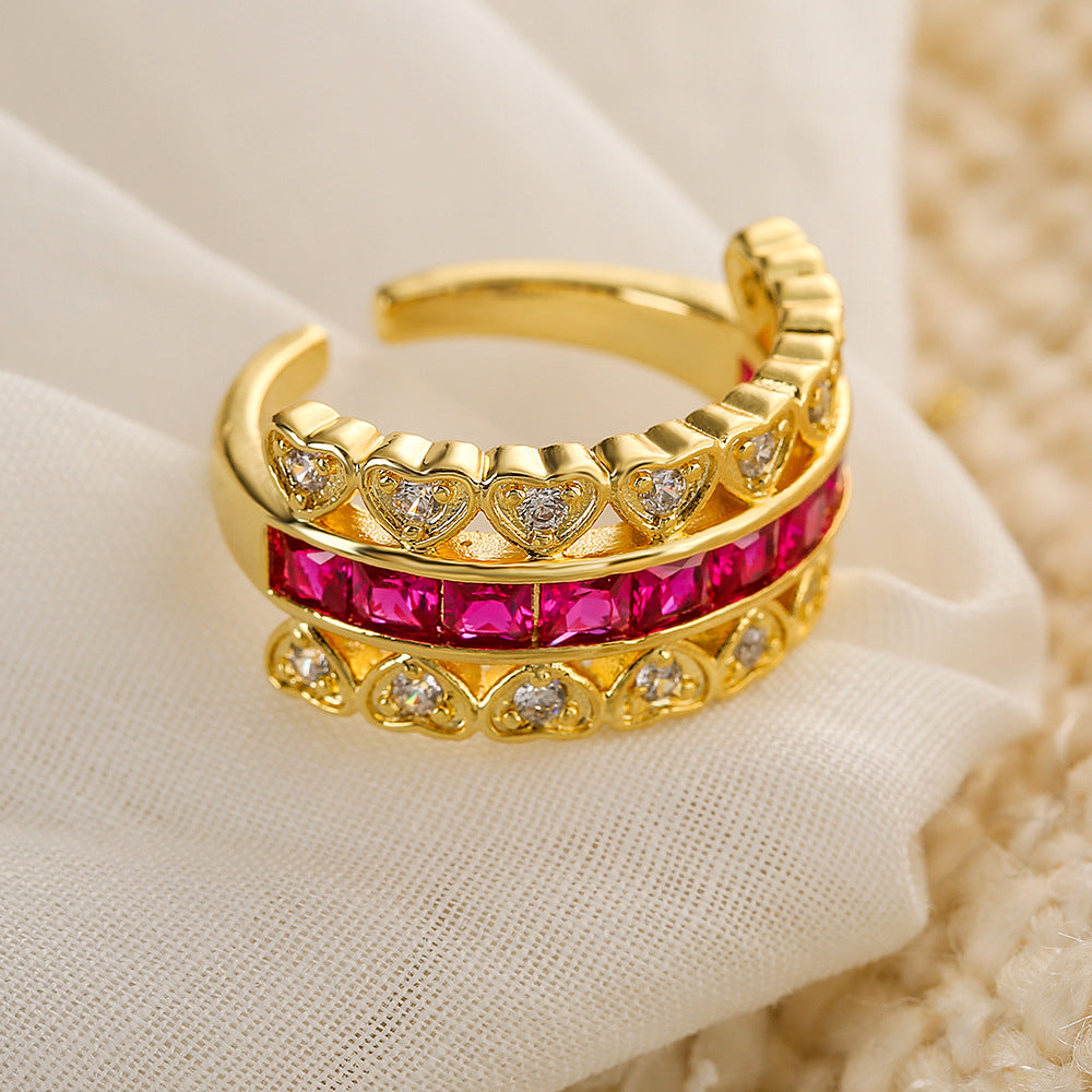 Geometric Heart-Shaped Copper Ring with Micro-Pavé Zirconia for Women, Fashion-Forward Minimalist Band