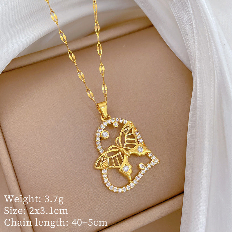 Minimalist Geometric Titanium Steel Necklace with Gold Plated Brass Pendant and Rhinestone Inlay
