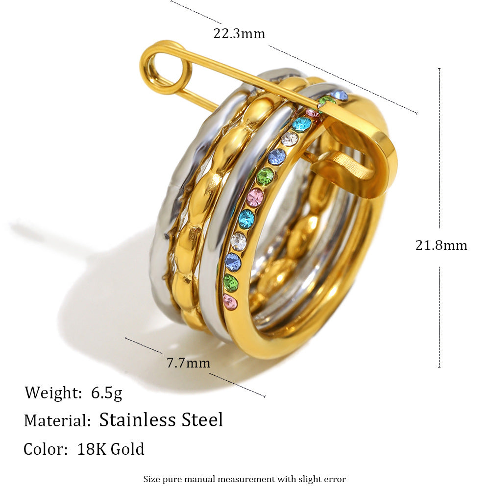 Minimalist Geometric Stainless Steel Ring with 18K Gold Plating for Women, Stackable Four-Layer Pin-Style CZ Ring
