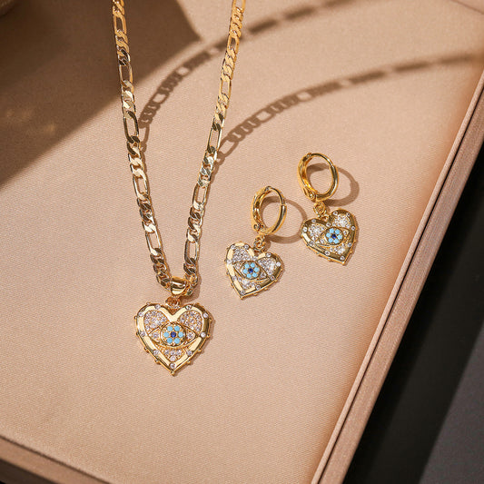 Collar con colgante de corazón y pendientes de ojo turco minimalista en cobre con incrustaciones de circonitas
