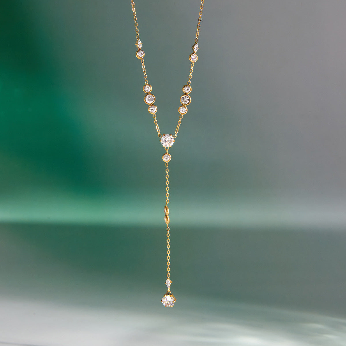 Minimalist Geometric Round Cubic Zirconia PVD Titanium Steel Y-Chain Necklace for Women